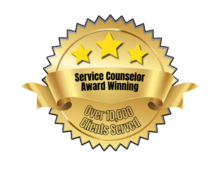 badge stating that mygriefhelp.com is an award winning counselor with over 10,000 patients served