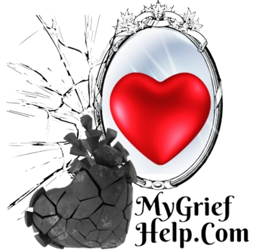 Mygriefhlep.com Logo which consists of a red heart in the center of a mirror with shattered glass to the left and a broken black heart beneath the shattered glass